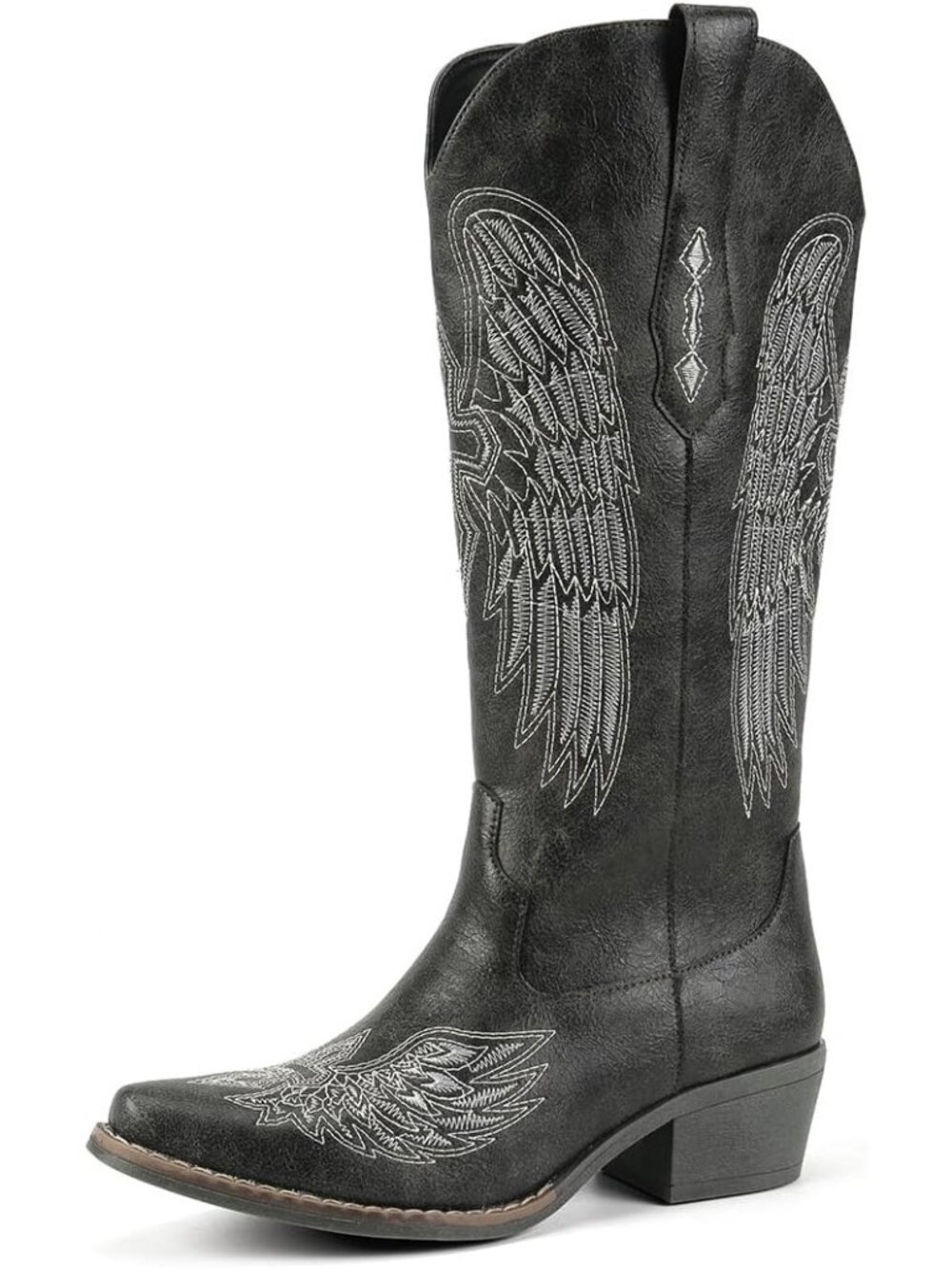 Women's Black Suede Gothic Cross Angel Wing Embroidered Mid Calf Cowgirl Boots